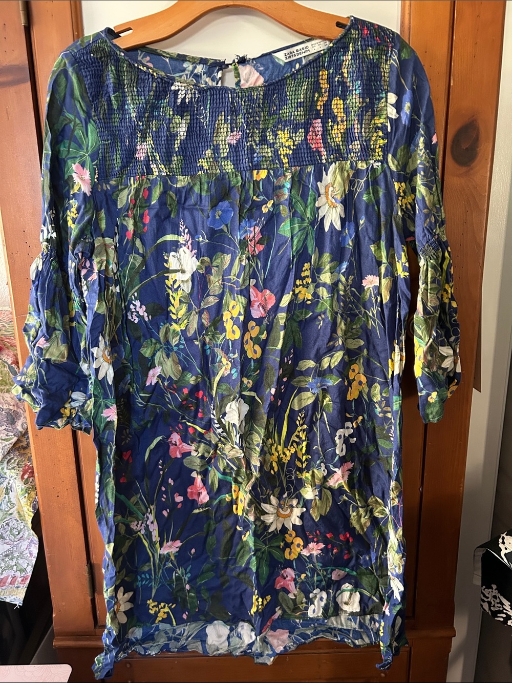 Zara basic Floral Navy Smocked Yoke Dress